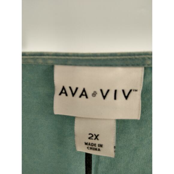 Ava‎ & Viv A-Line Dress 2X Balloon 3/4 Sleeve Tiered Cotton Tie Back Teal NWT - Picture 3 of 14
